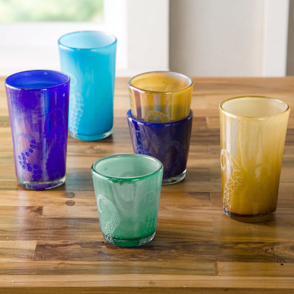 Hand-Etched Recycled Glass Octopus Tumblers