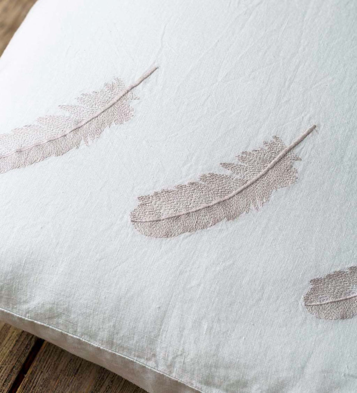 Feather Embroidered Linen King Sham - Natural