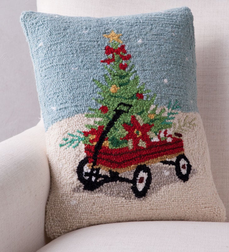 Hand-Hooked Wool Wagon with Tree Pillow