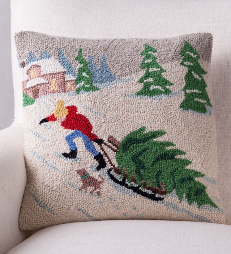 Hand-Hooked Wool Sled with Tree Pillow