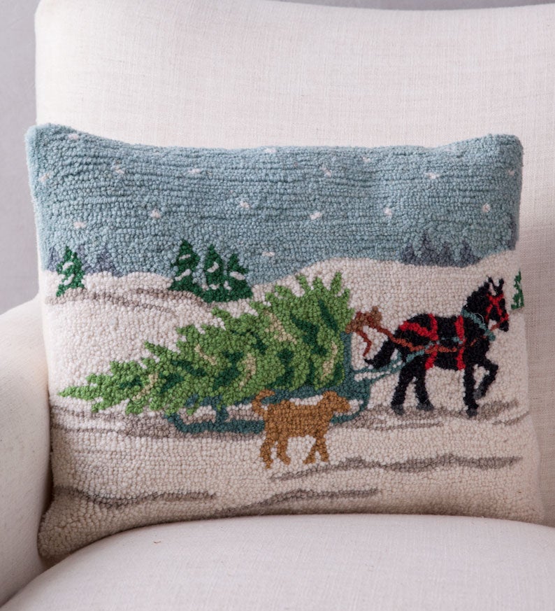 Hand-Hooked Horse Drawn Sleigh Pillow