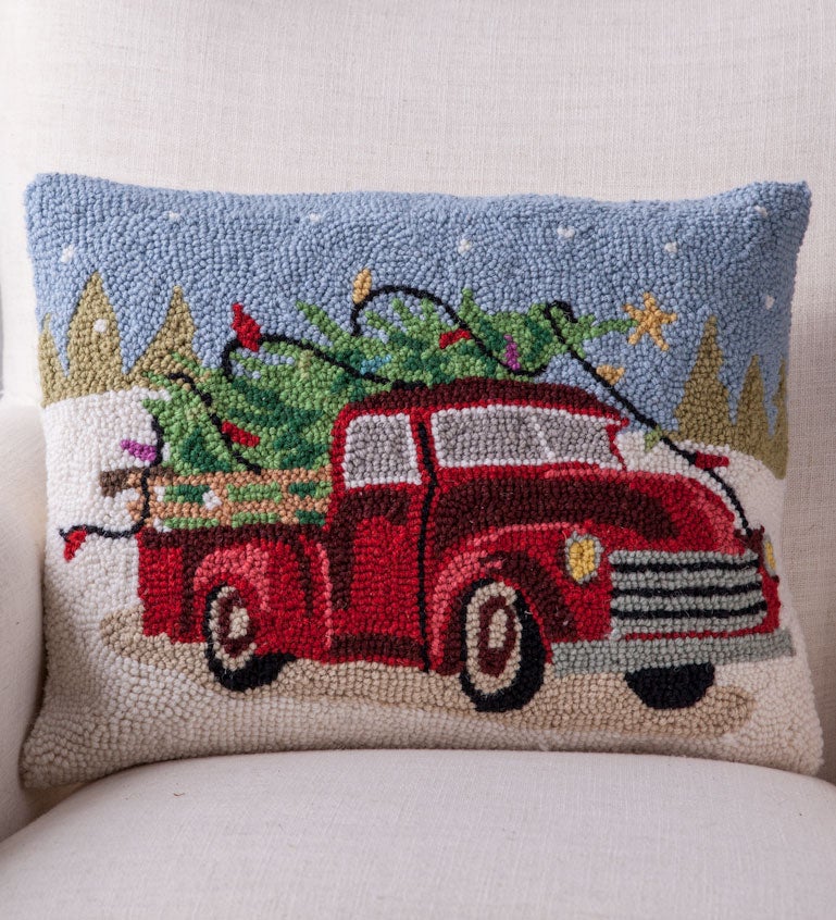 Hand-Hooked Wool Tree on Truck Pillow