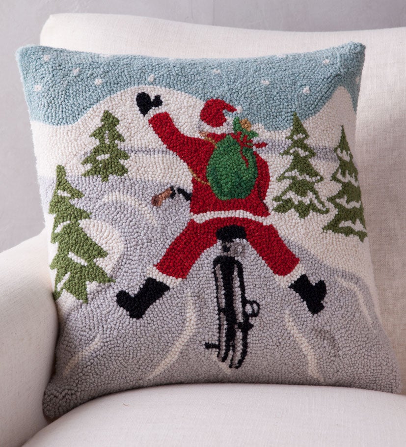 Hand-Hooked Wool Santa on Bike Pillow