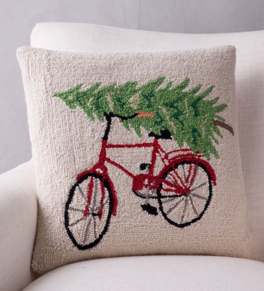 Hand-Hooked Wool Tree on Bike Pillow