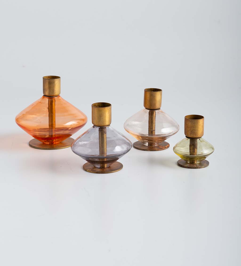 Multicolored Glass and Brass Candleholders, Set of 4