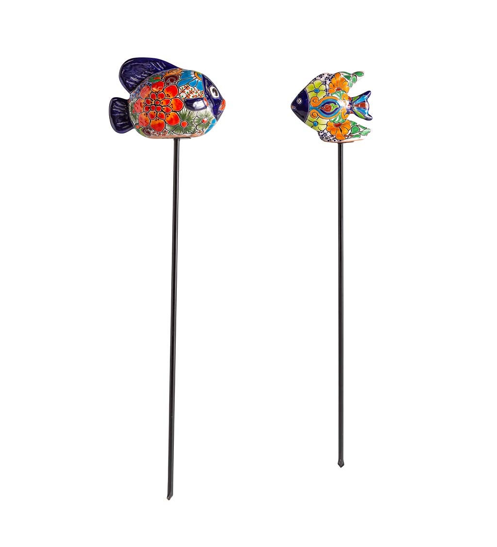 Handcrafted Talavera-Style Ceramic Fish Decorative Garden Stakes, Set of 2 swatch image
