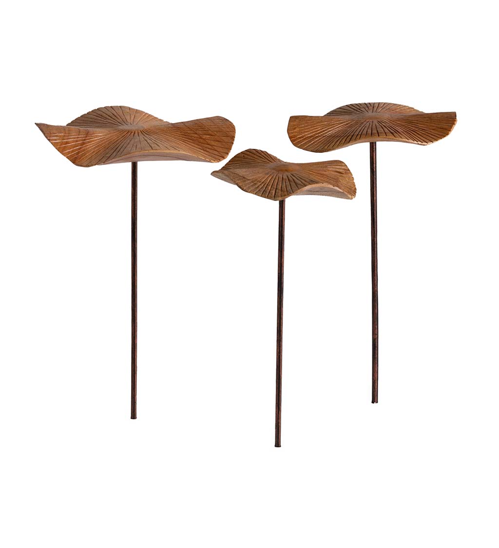Hand-Carved Wood Mushroom Metal Stakes, Set of 3
