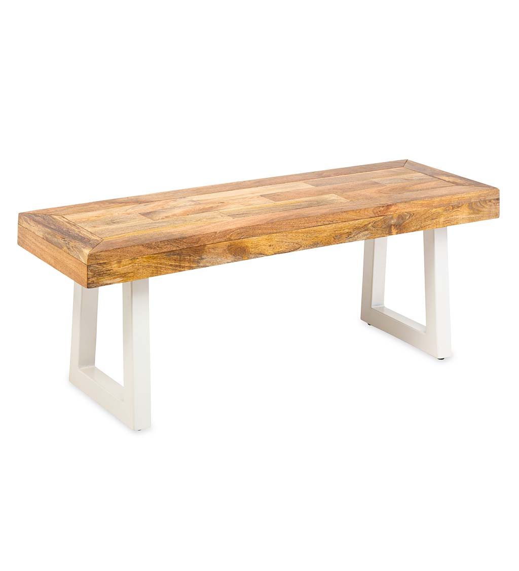 Acacia Wood Bench with White Metal Legs