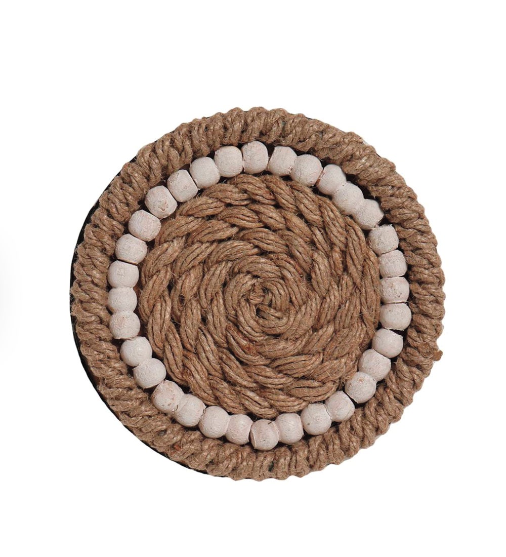 Woven Jute and Wood Coasters, Set of 4