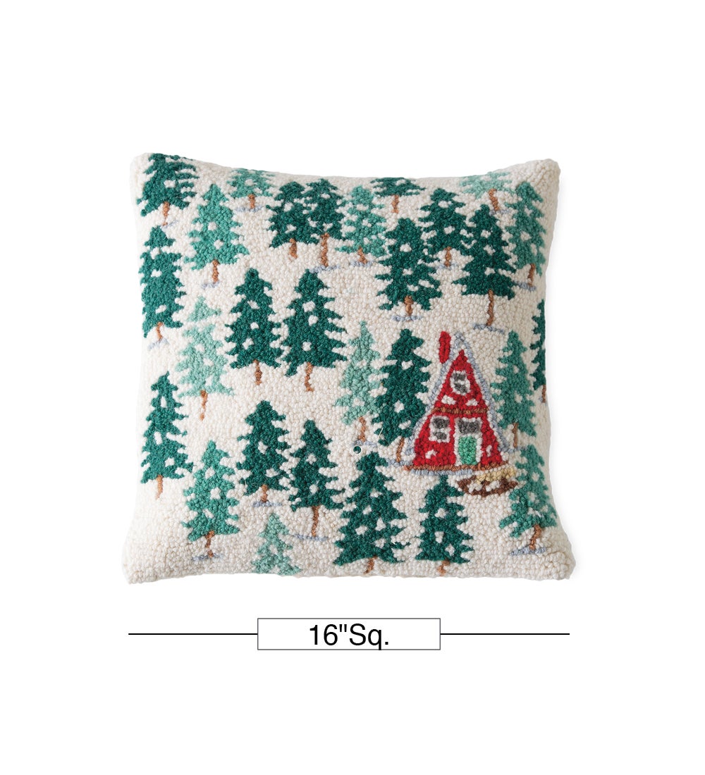 A-Frame Chalet Hand-Hooked Wool Throw Pillow, 16" Sq.