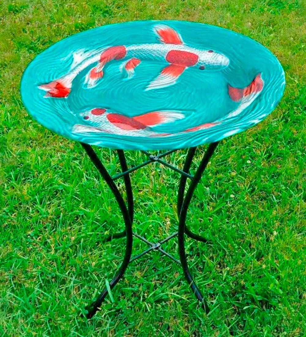 Glass Koi Birdbath with Metal Stand