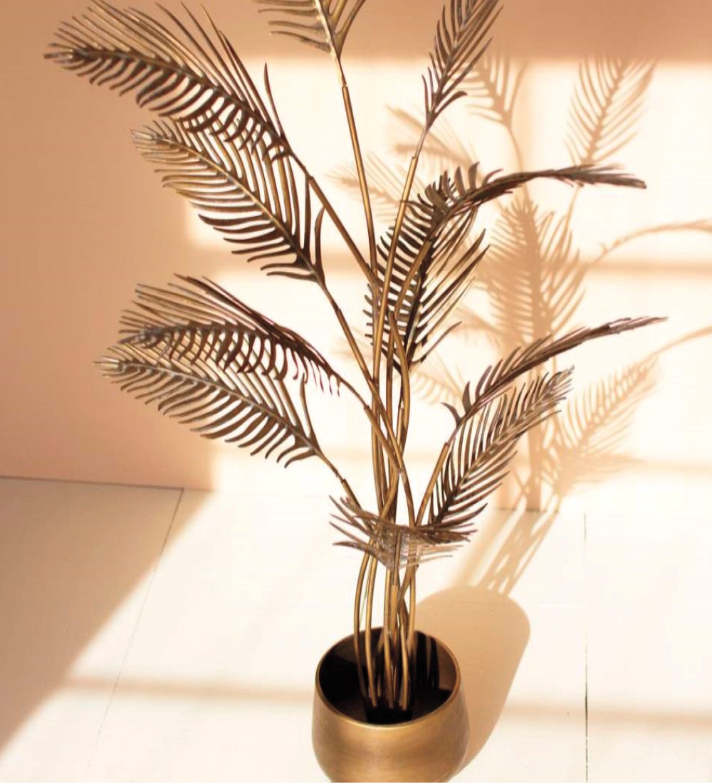Antique Brass Finish Palm Tree with Planter