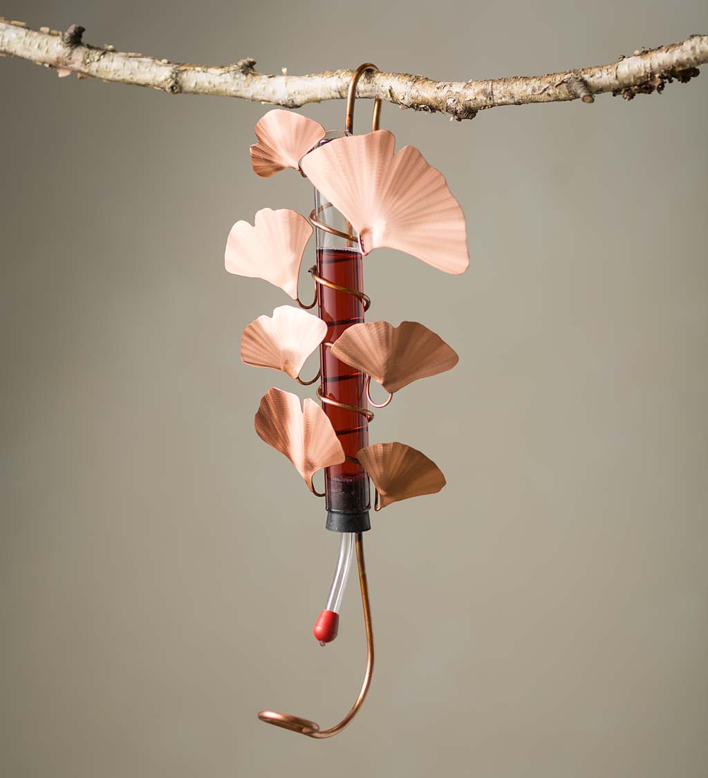 Hummingbird Feeder with Copper Ginkgo Leaves