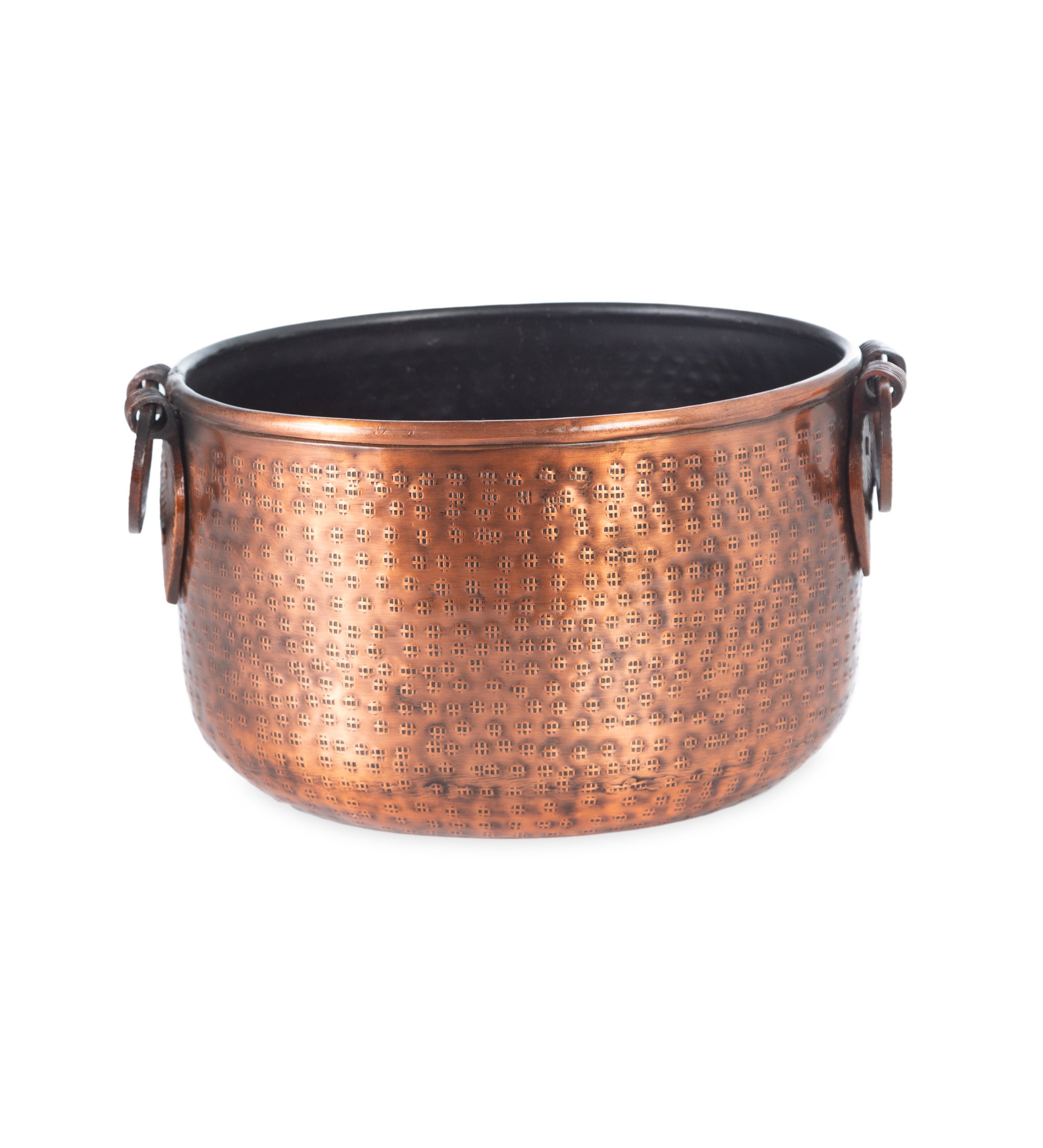 Copper-Finished Hammered Metal Firewood Buckets with Leaf Handles, Small