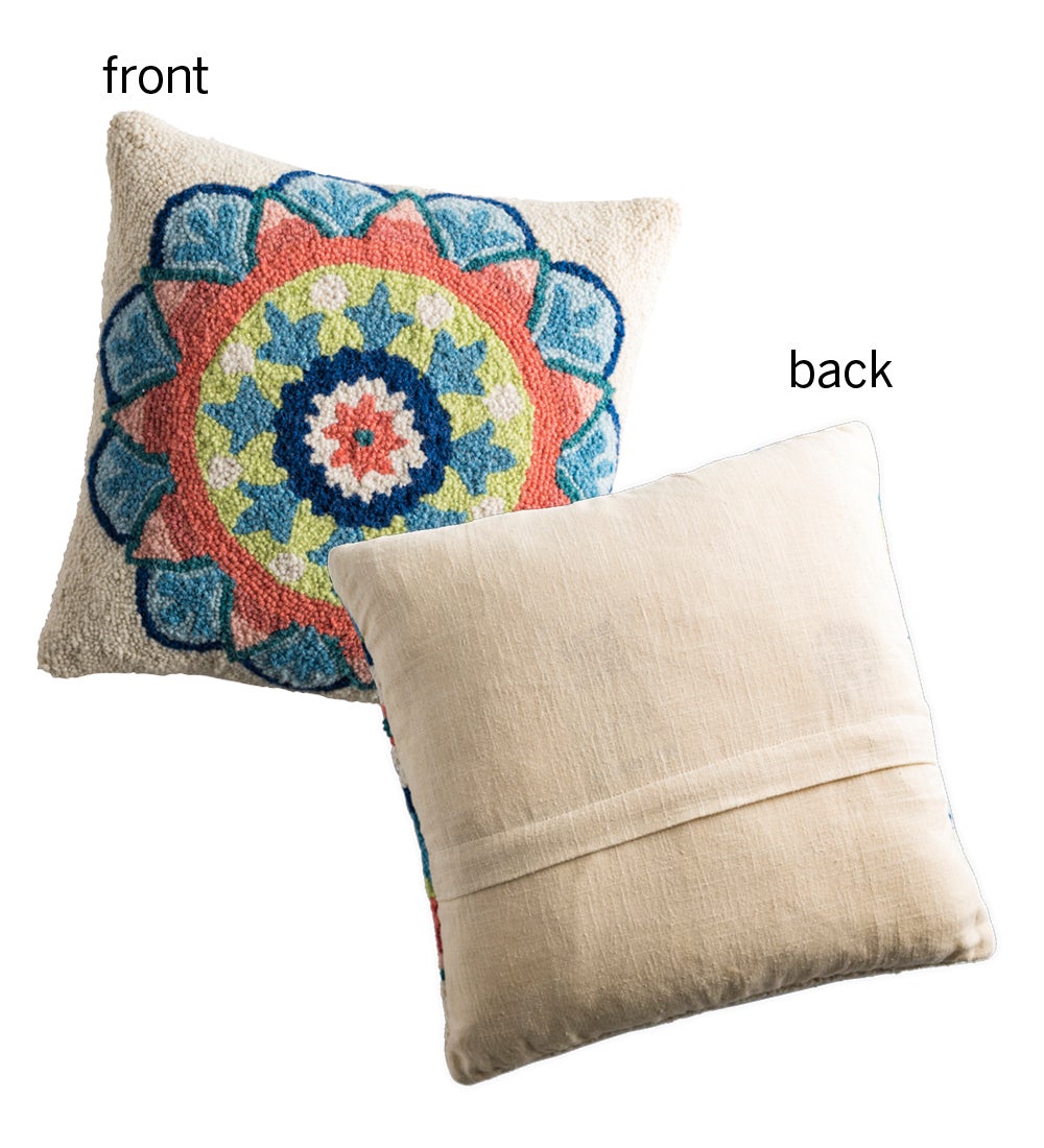 Medallion Hand-hooked Wool Pillow, Multi-Blooms