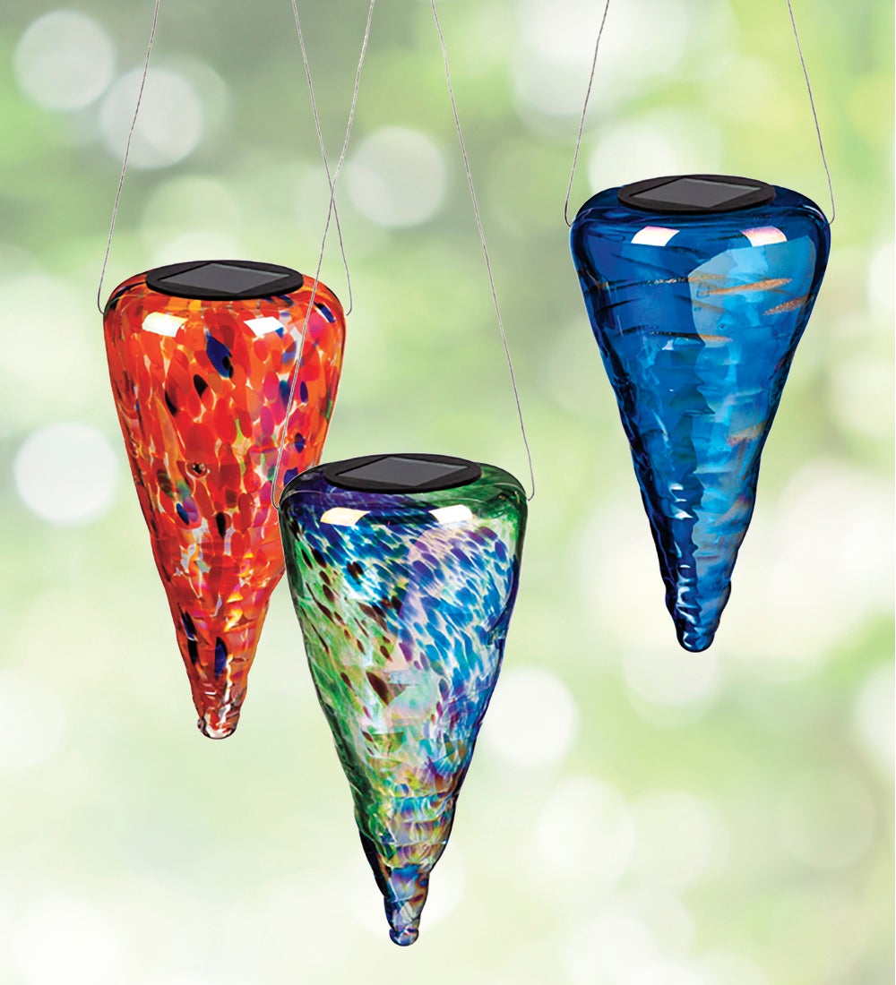 7" Solar Hanging Art Glass Conical Lantern, Set of 3