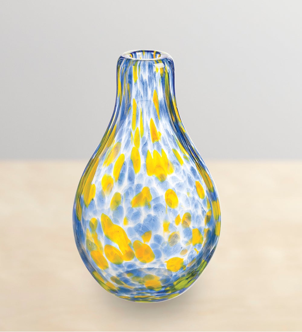 Speckled Blue and Yellow Handblown Glass Vase