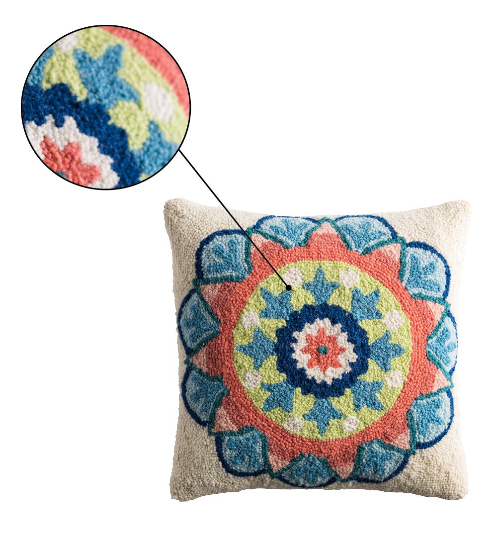 Medallion Hand-hooked Wool Pillow, Multi-Blooms