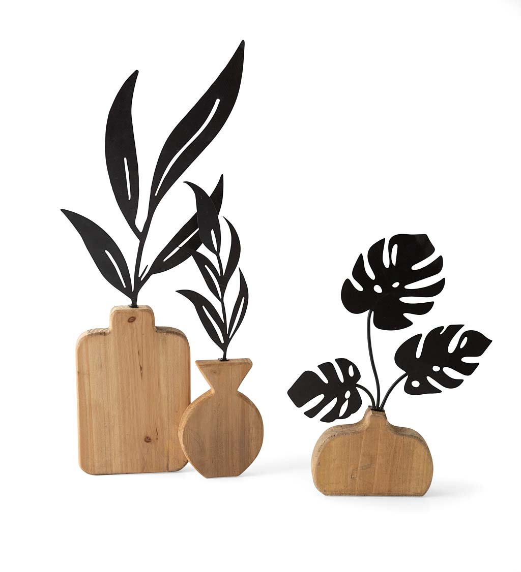 Wood and Metal Plant Sculptures, Set of 2