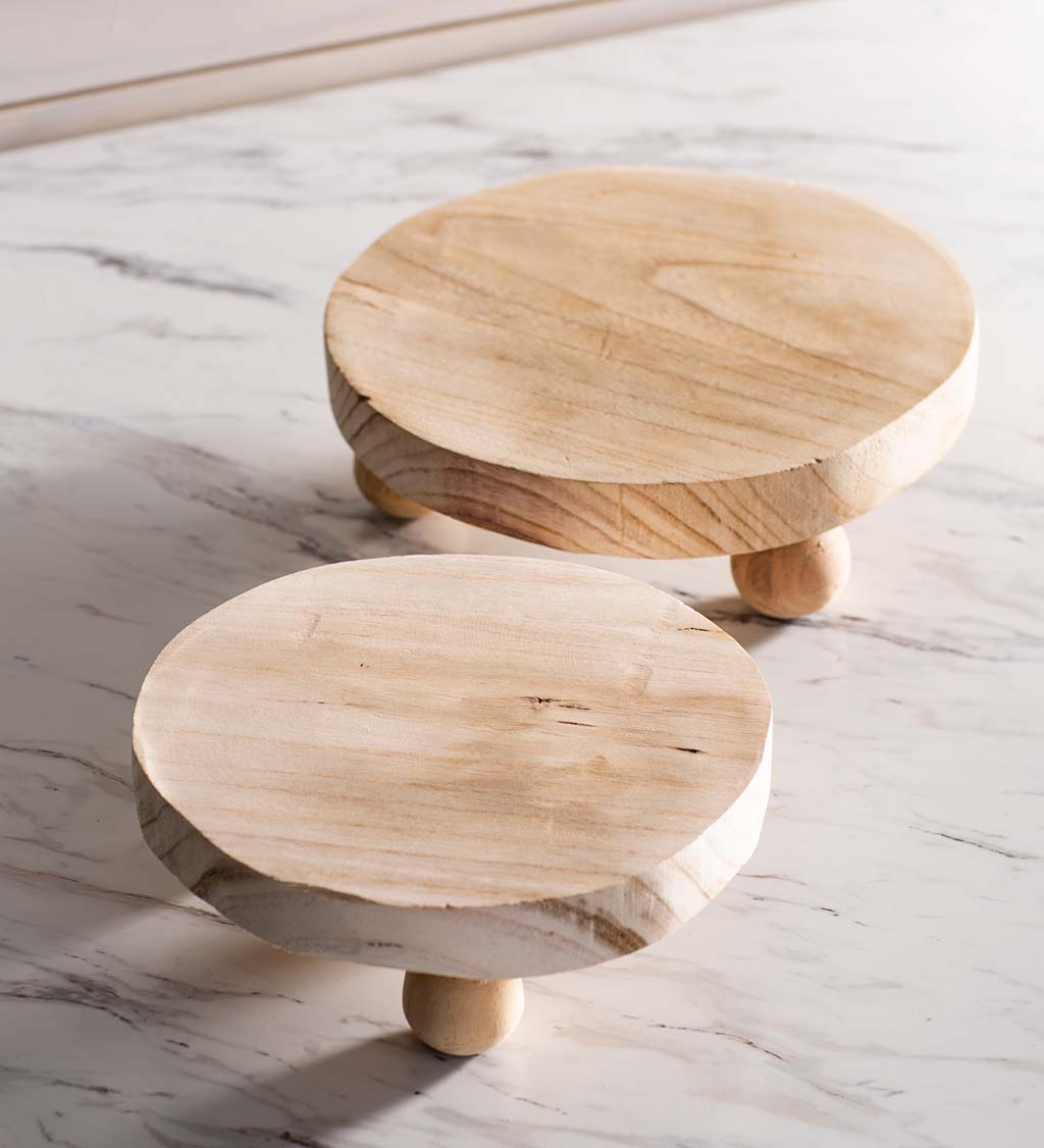 Round Wooden Pedestals with Ball Feet, Set of 2