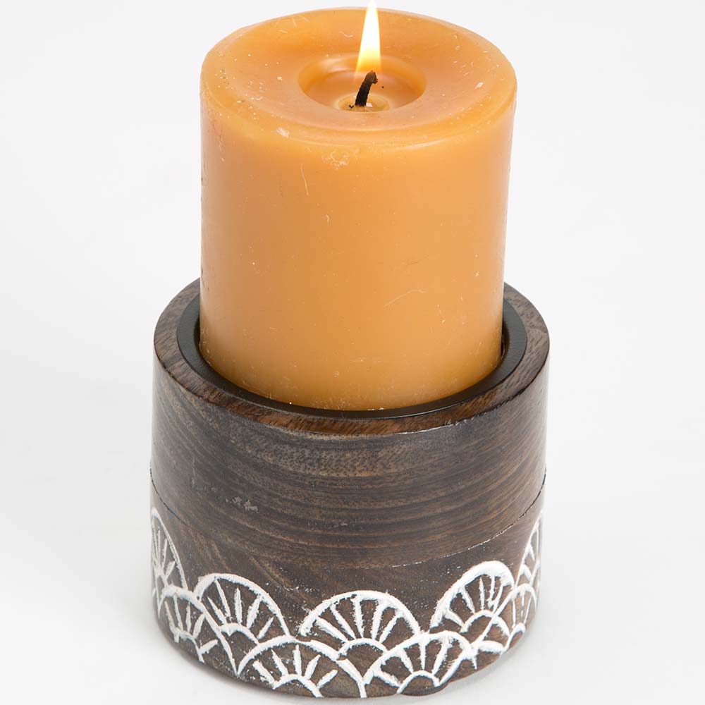 Handcarved Indian Rosewood Round Candle Holder - Small