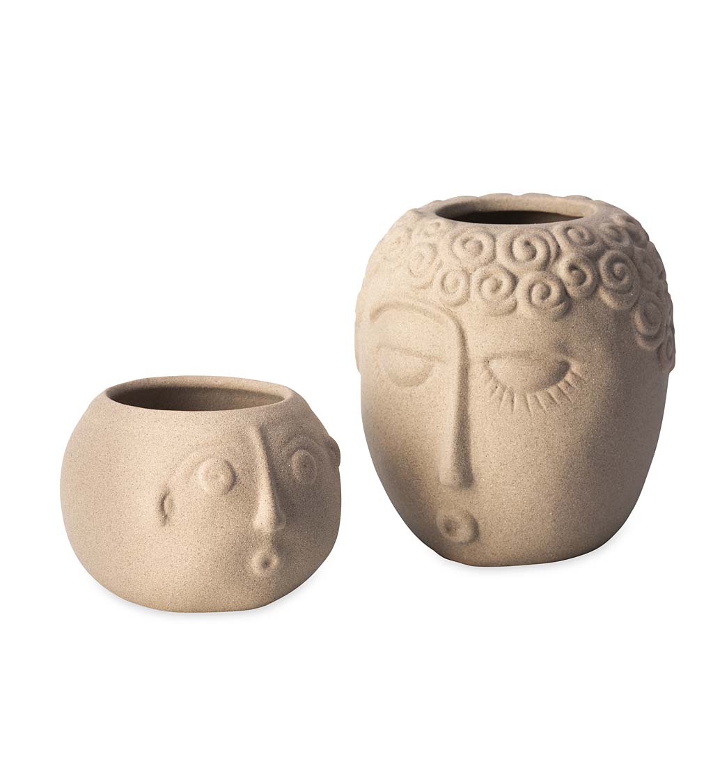 Buddha and Monk Ceramic Face Planters, Set of 2