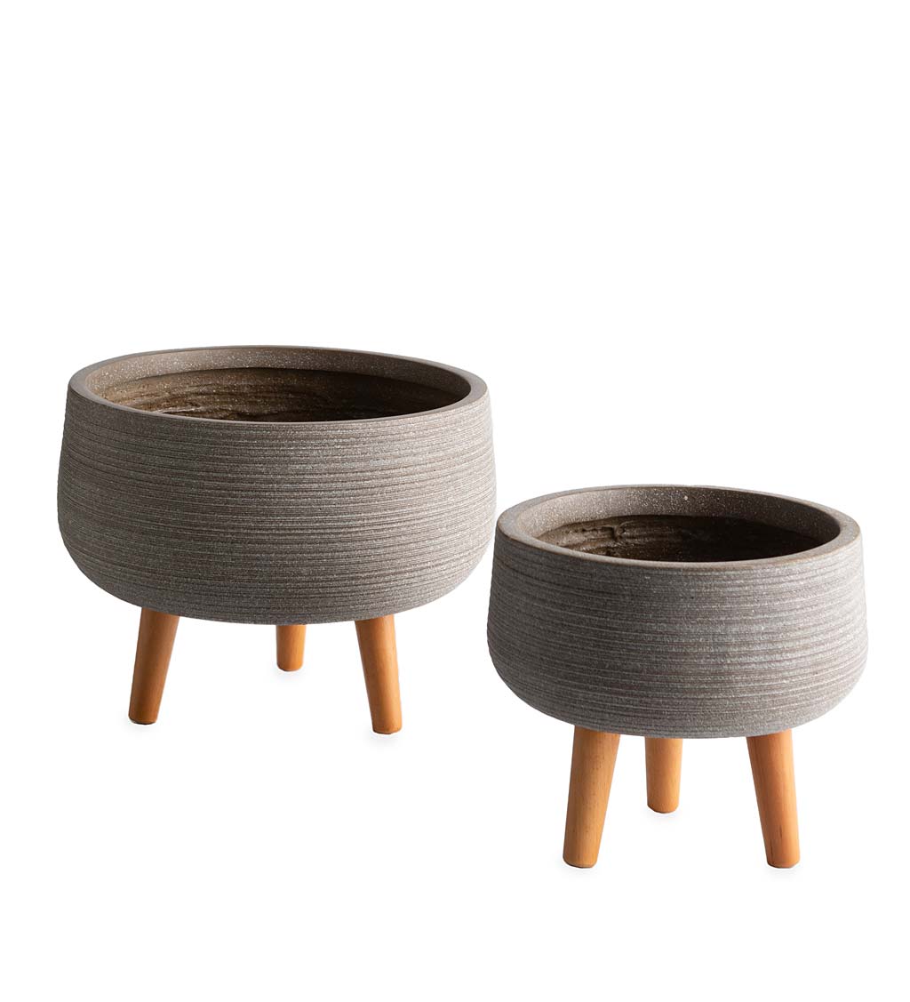 Footed Low Stripe Fiber Clay Planters, Set of 2 swatch image