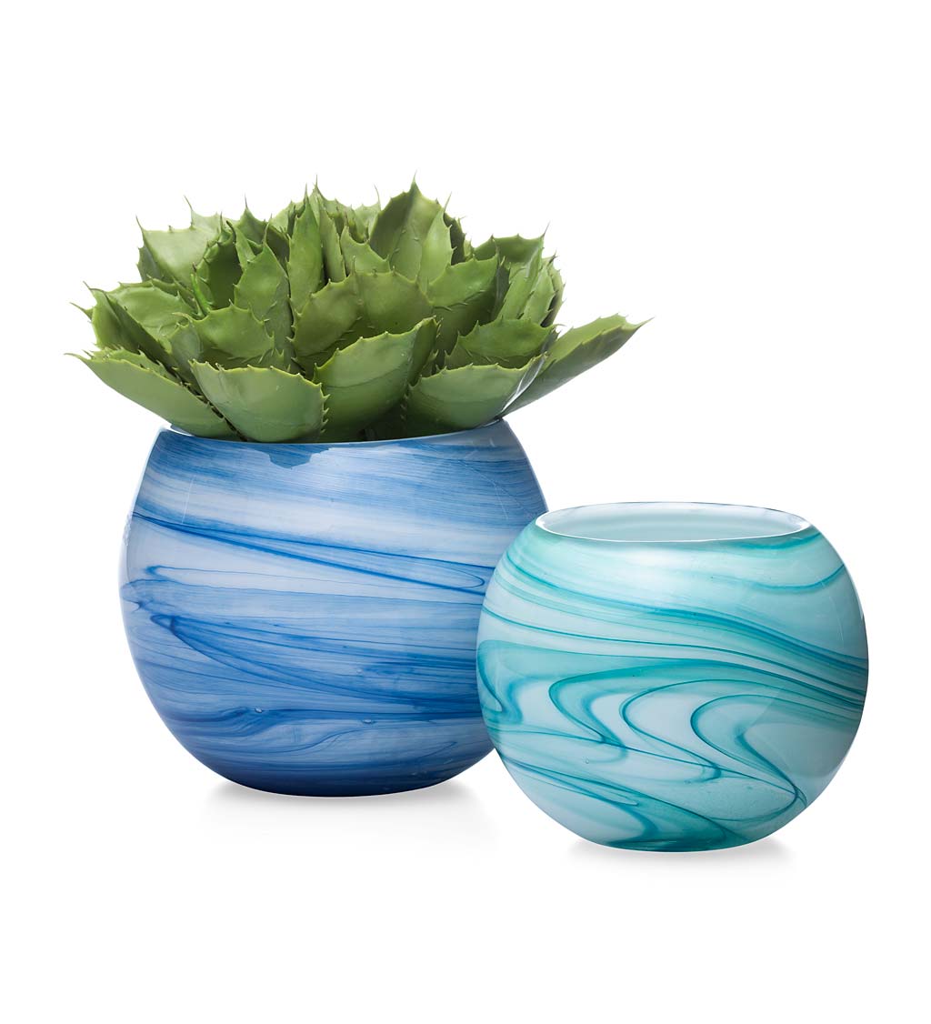 Swirling Aqua Glass Bowl Planter, Small