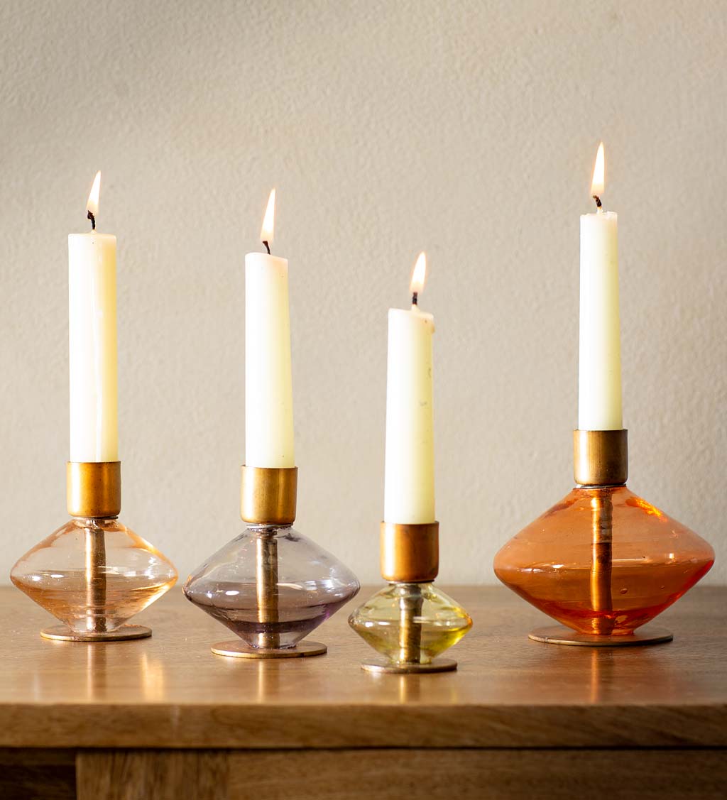 Multicolored Glass and Brass Candleholders, Set of 4