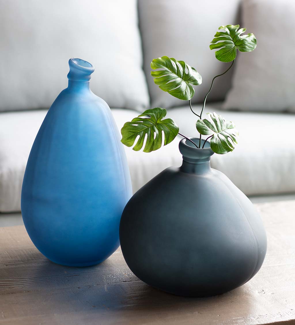 Navy and Gray Recycled Frosted Glass Balloon Vases, Set of 2