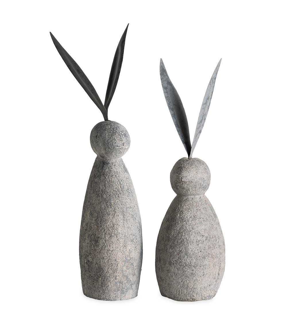 Faux Stone and Metal Rabbit Sculptures