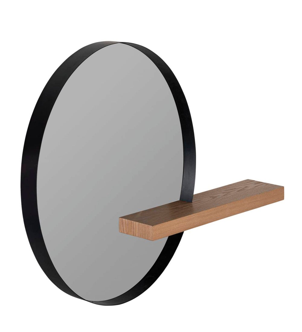 Black Metal Wall Mirror With Wood Shelf