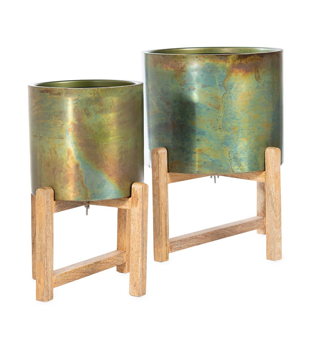 Patina Finished Planters on Stand, Set of 2