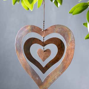 Hanging Flamed Copper Finish Triple Spinning Heart, Large