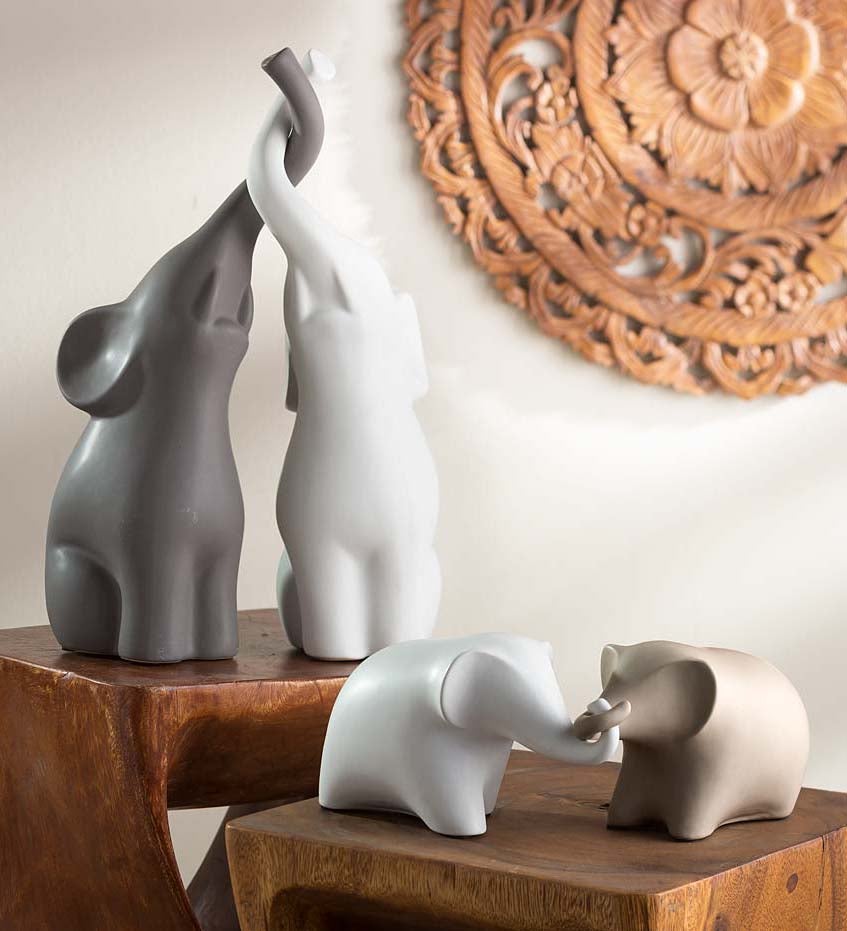 Loving Intertwined Ceramic Elephant Sculptures