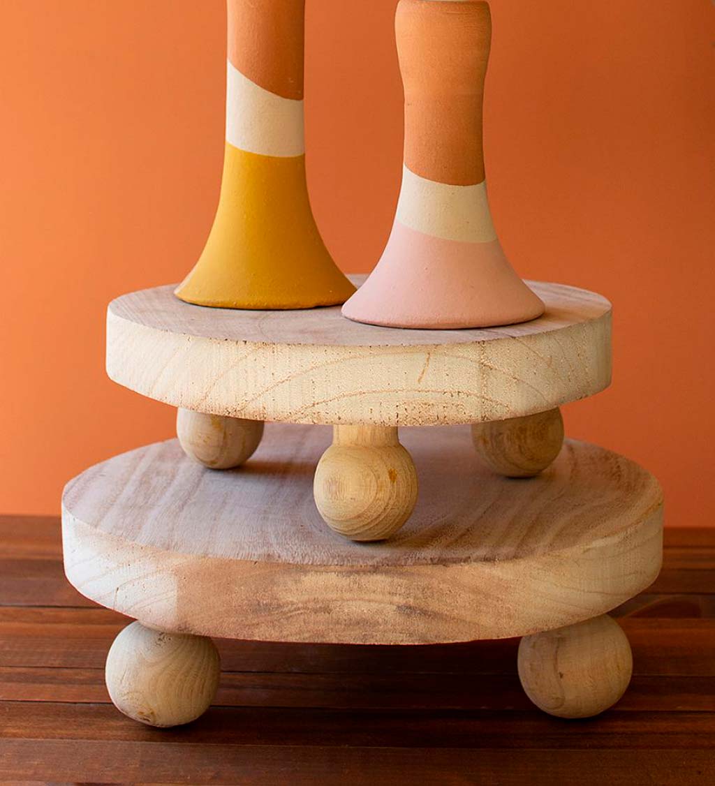Round Wooden Pedestals with Ball Feet, Set of 2