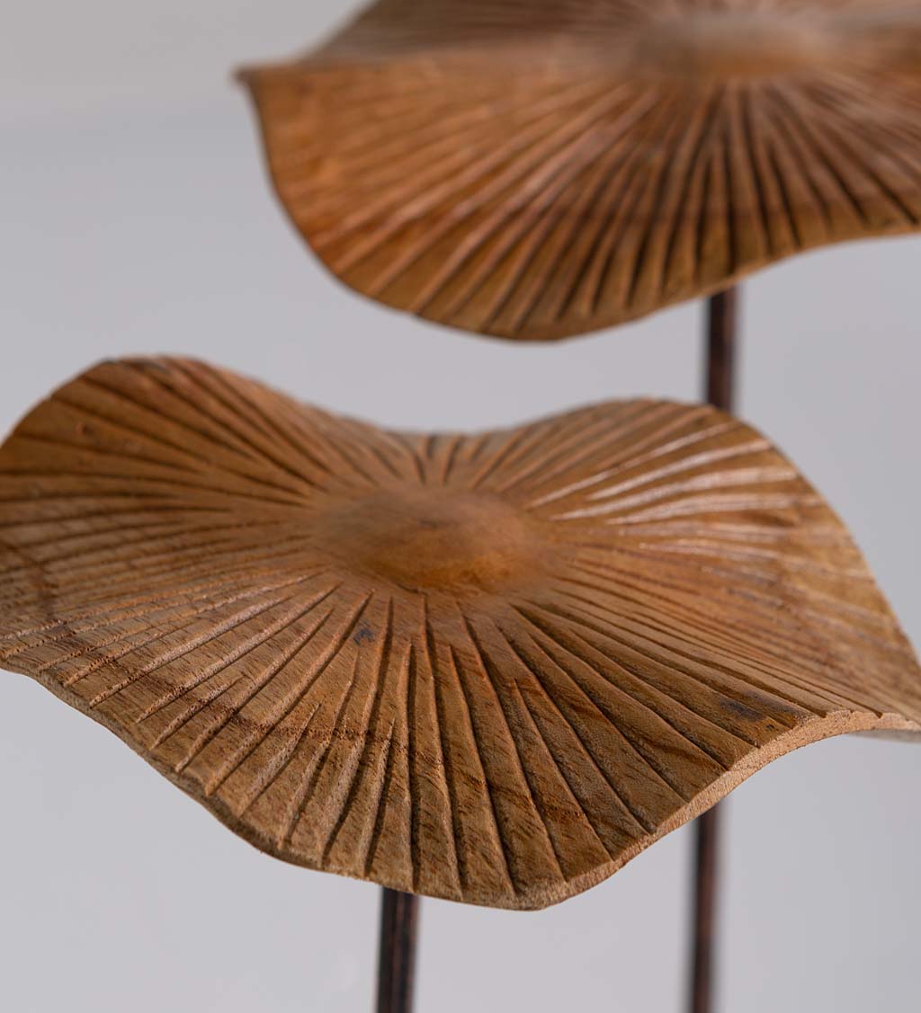 Hand-Carved Wood Mushroom Metal Stakes, Set of 3