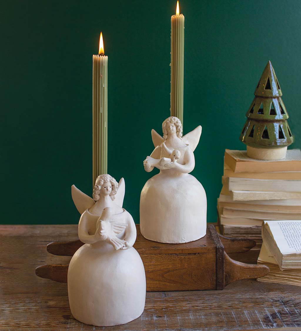 Clay Angel with Dove Taper Candle Holders, Set of 2