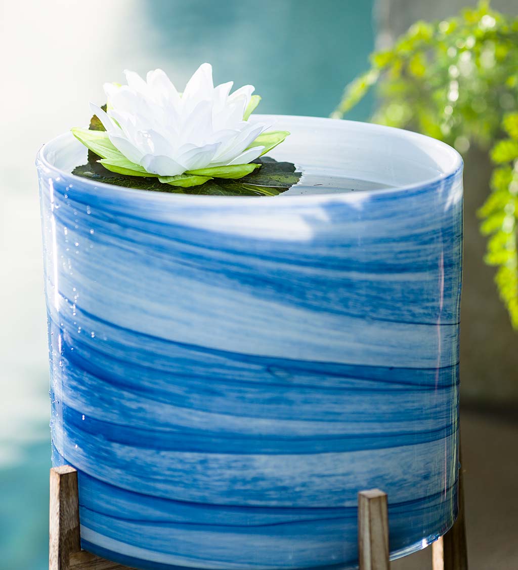 Blue Glass Planter on Stand, Large