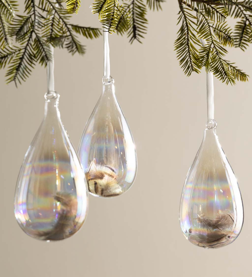 Iridescent Glass Teardrop Ornament with Feather