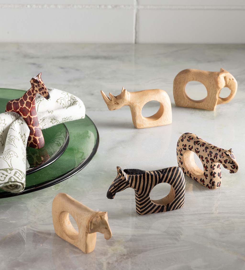 Artisan Carved Safari Animal Napkin Rings, Set of 6