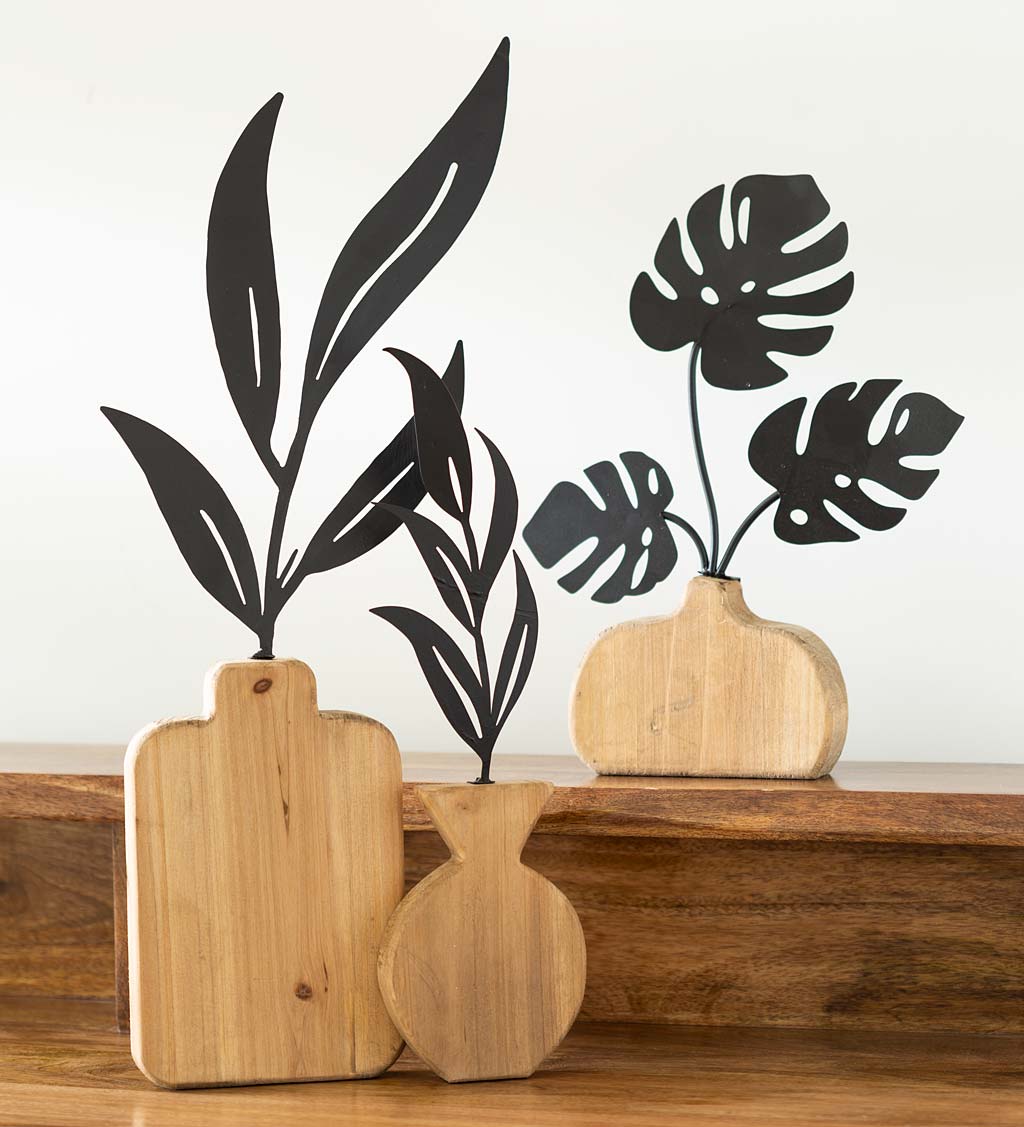 Wood and Metal Plant Sculptures, Set of 2