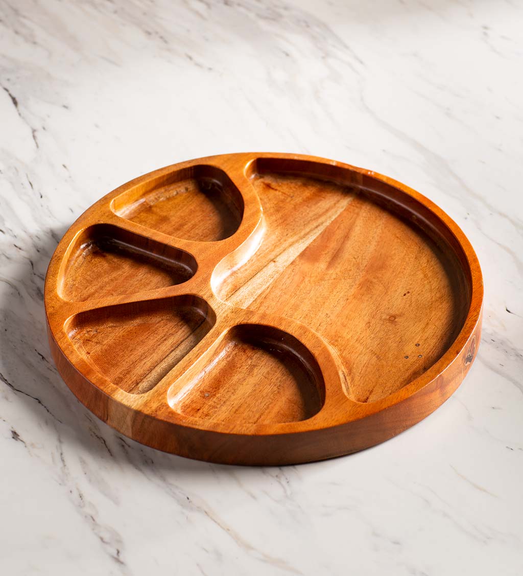 Carved Acacia Wood Divided Serving Tray