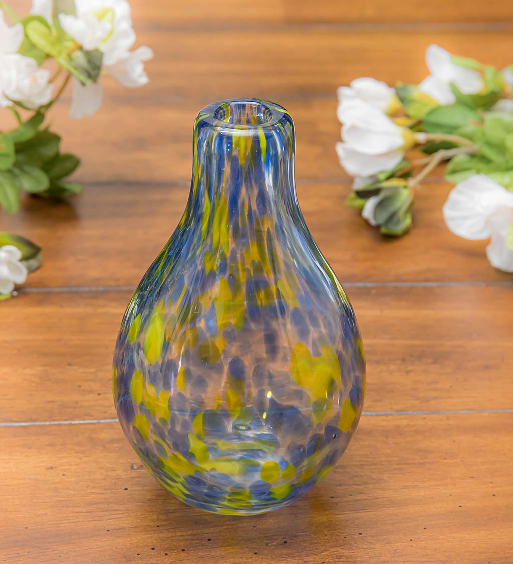Speckled Blue and Yellow Handblown Glass Vase