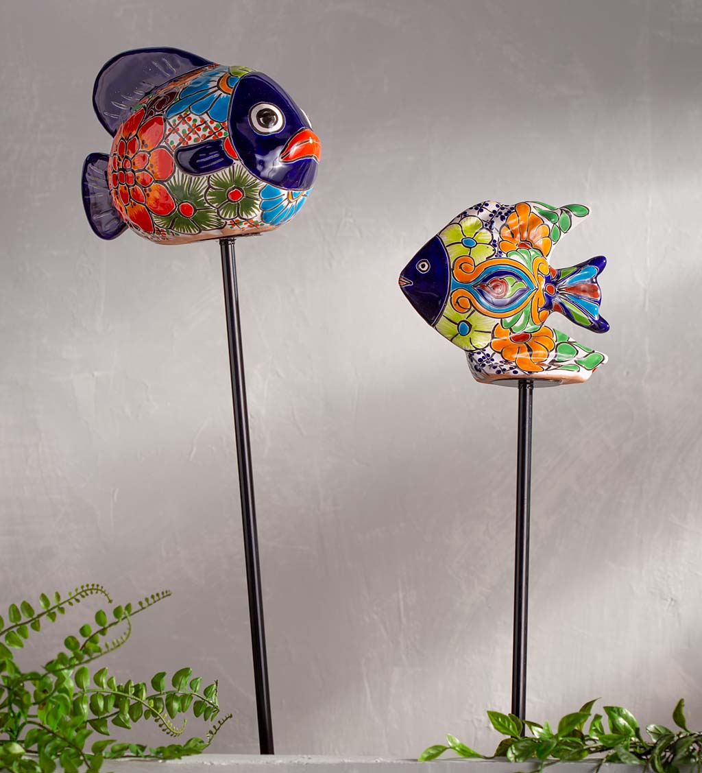 Handcrafted Talavera-Style Ceramic Fish Decorative Garden Stakes, Set of 2