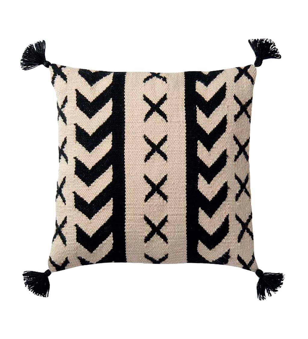 Black and White Geo Print Tasseled Outdoor 22" Square Throw Pillow