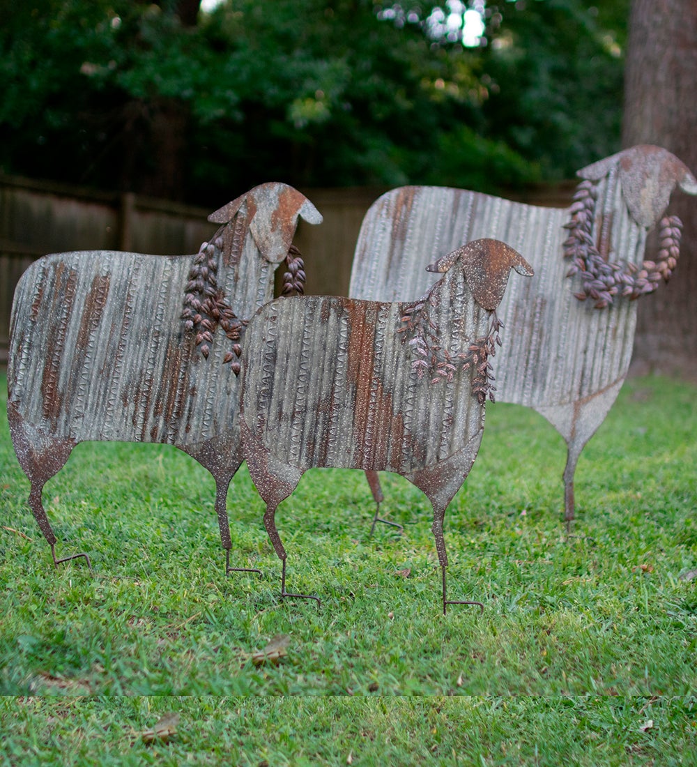 Corrugated Metal Christmas Sheep Yard Art, Set of 3