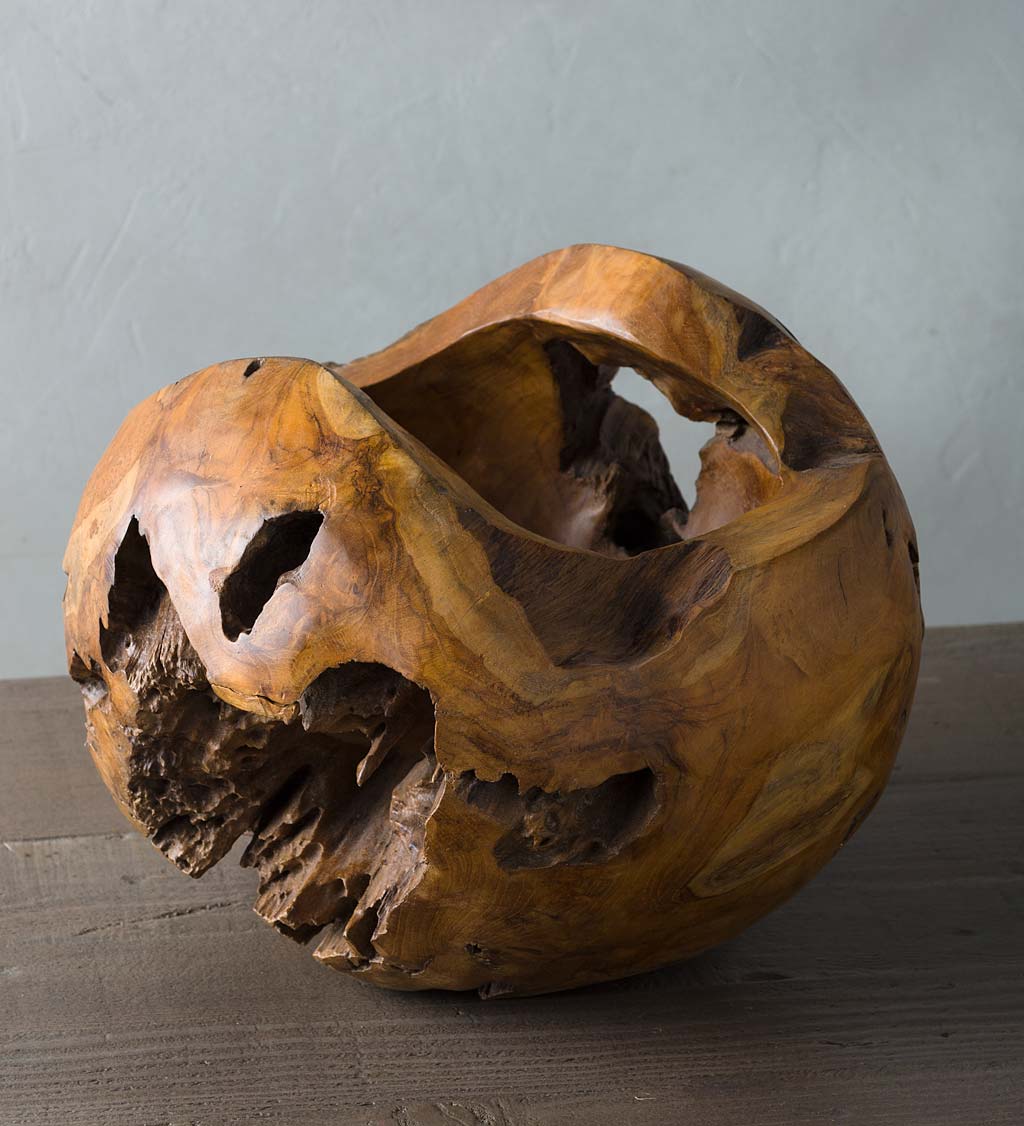 Small Distressed Round Teak Wood Vase
