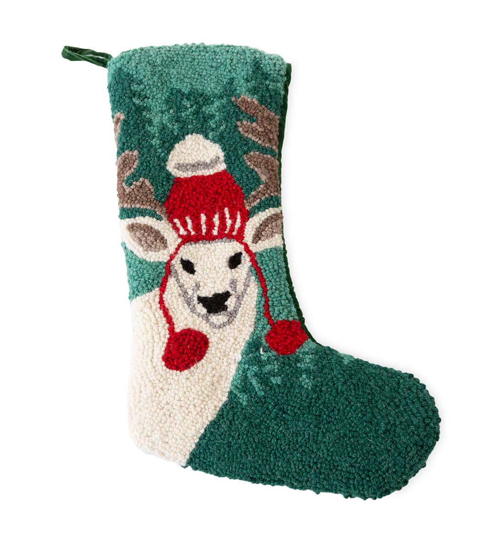 Deer with Tree Hand-Hooked Wool Christmas Stocking