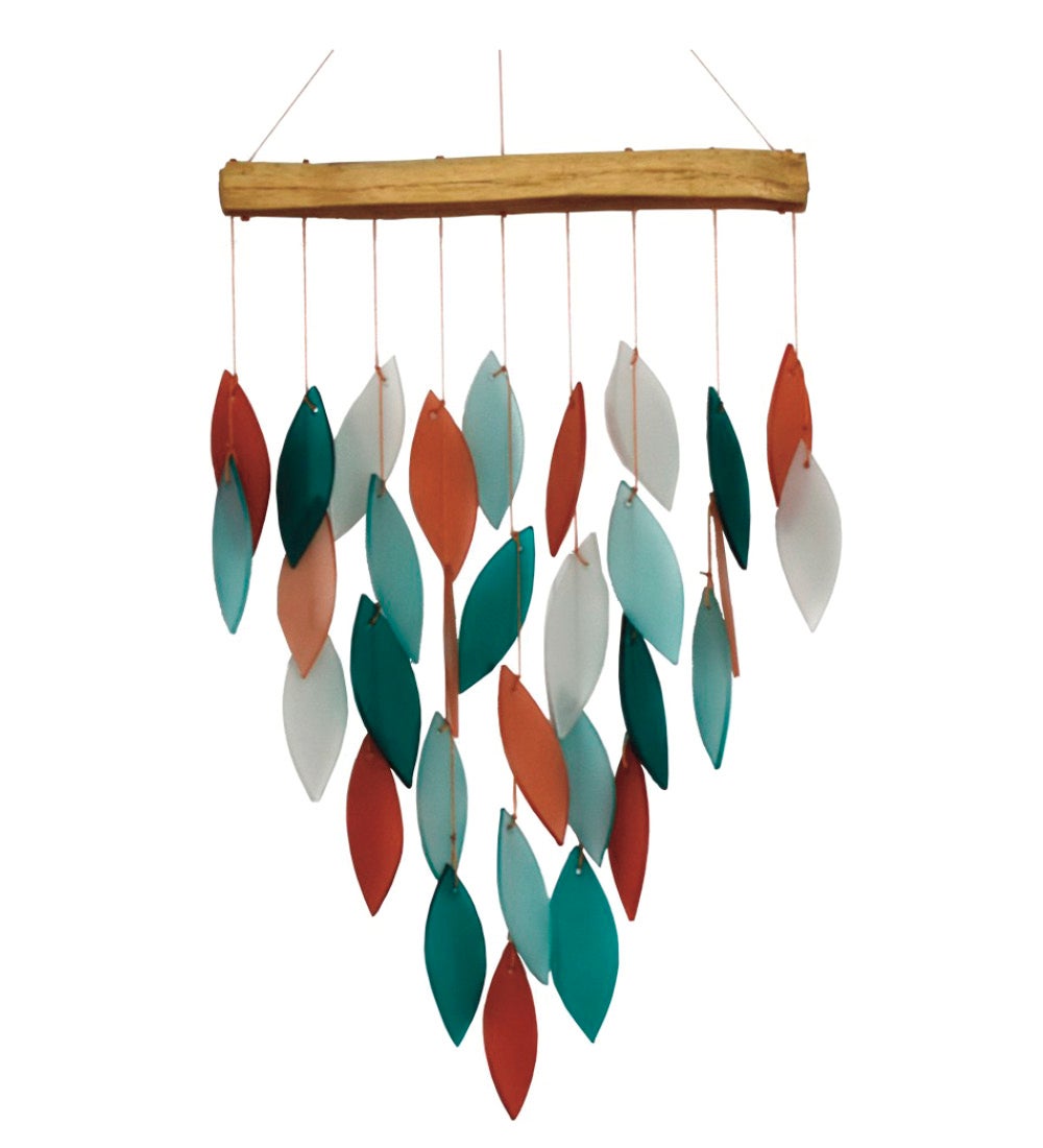 Teal Glass Leaves Wind Chime on Driftwood Chime